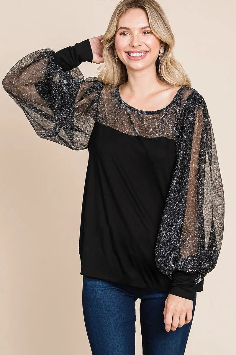 Super Lady Full Size Metallic Mesh Lantern Sleeve Blouse - Love Salve